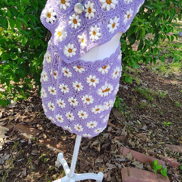 AKIRA SZ M CROCHET LAVENDER DAISIES TOP &MINI SKIRT SET FESTIVAL BOHO - Picture 6 of 7